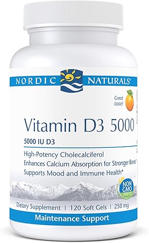 Nordic Naturals Pro Vitamin D3 5000 naranja - 120 mini geles suaves - 5000 IU vitamina D3 - Apoya la función de huesos saludables estado de ánimo y