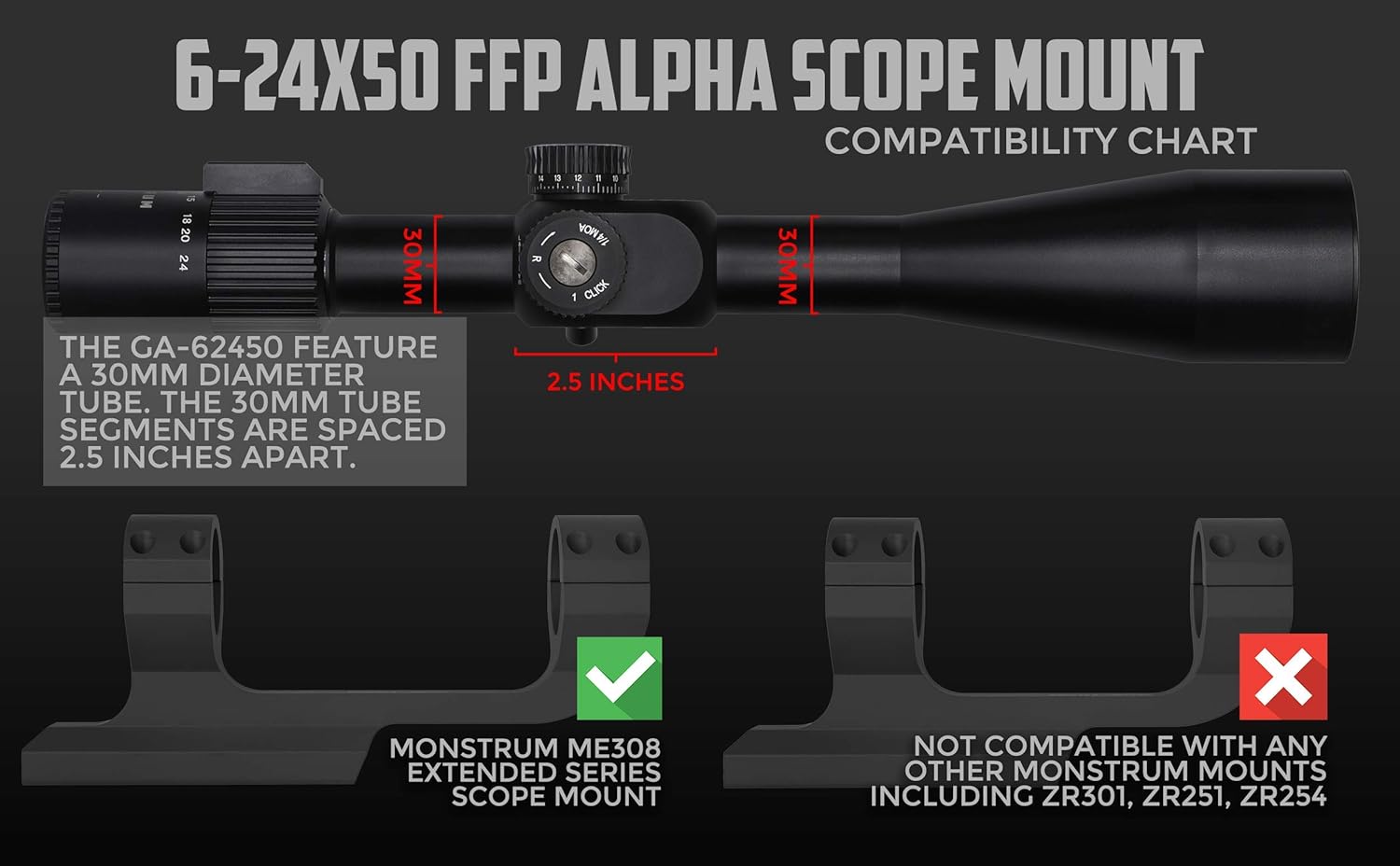 Monstrum Alpha Series 6 24x50 First Focal Plane FFP Rifle Scope with MOA Reticle Photo