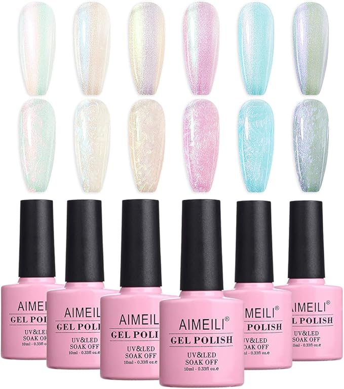 AIMEILI Pearl Gel Nail Polish Set of 6 Colors UV LED Soak Off Glitter