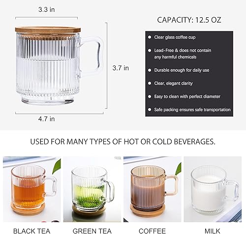 Miniatura 7 de Leadiy Taza de café de vidrio transparente con tapa, tazas de café de vidrio transparente, tazas de café clásicas con rayas verticales para té de