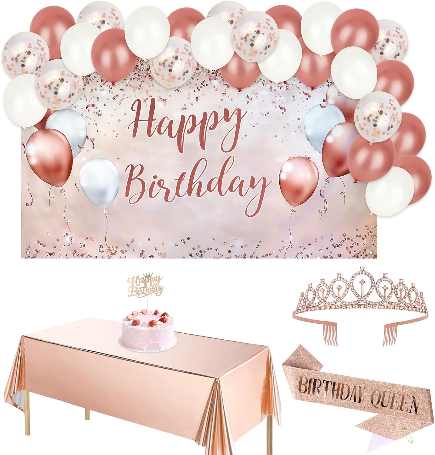 Happy Birthday Party Decorations Set with Banner, "Birthday Queen" Sash and Crown, Balloons, Cake Topper, Tablecloth, Candles for 18 Year Old Birthday Party (Rose Gold)
