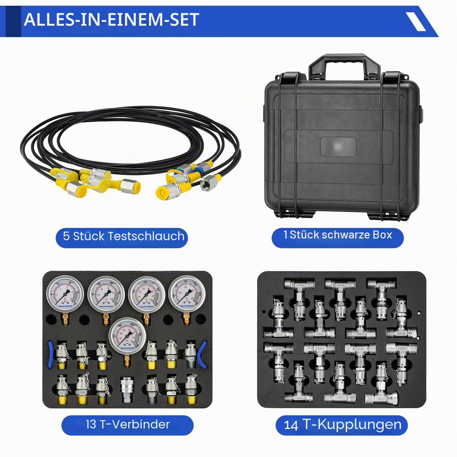 Hydraulisches Drucktestset mit 5 Messgeräten (10/100/280/400/600bar), 12 Testkupplungen, 14 T-Anschlüssen, 5 Prüfschläuche für Bagger und Baumaschinen