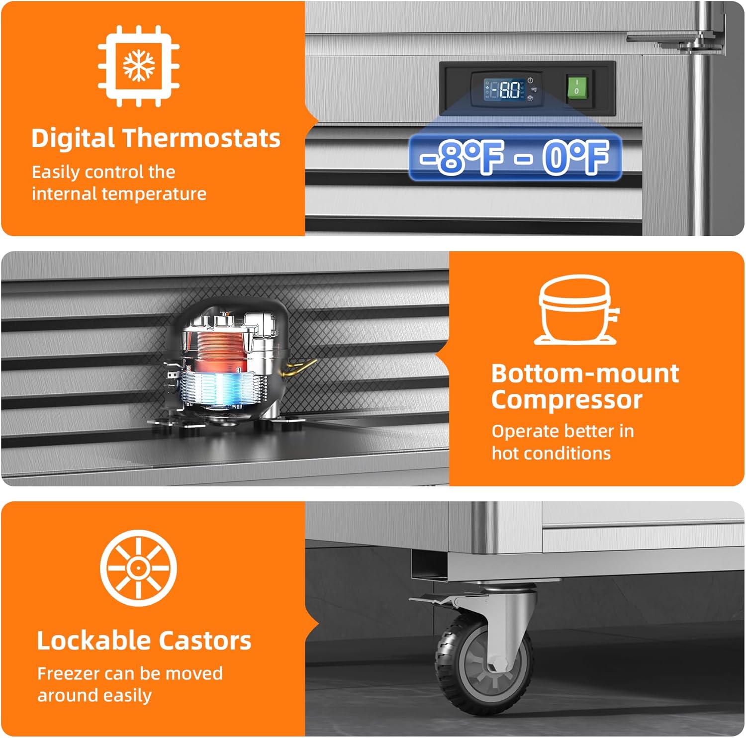 Close-up of lockable casters on Coolski freezer