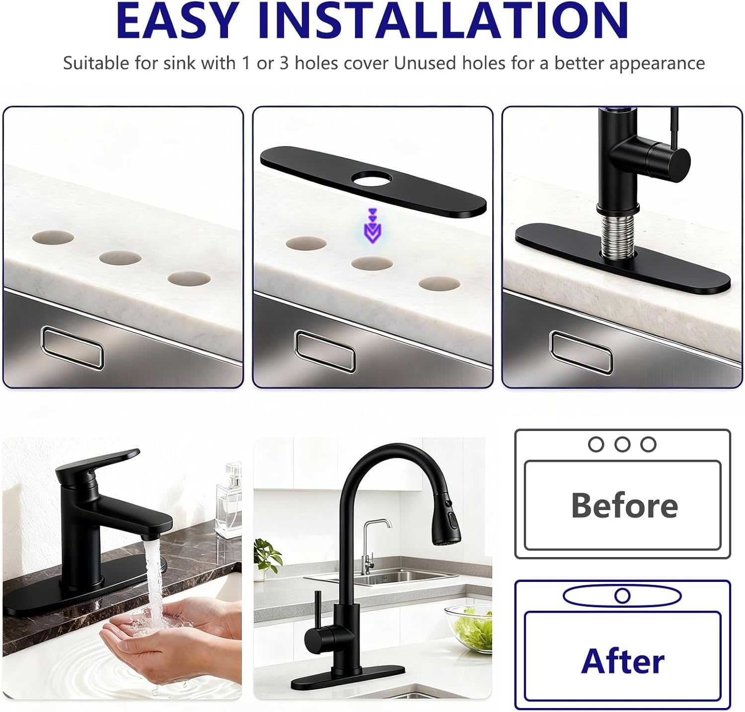 10" Bathroom Faucet Deck Plate Matte Black - Faucet Sink Hole Cover Stainless Steel Escutcheon Plate, Round Deck Plate Cover 3 Hole for Kitchen Bathroom Sink Faucet Hole (10" Black)