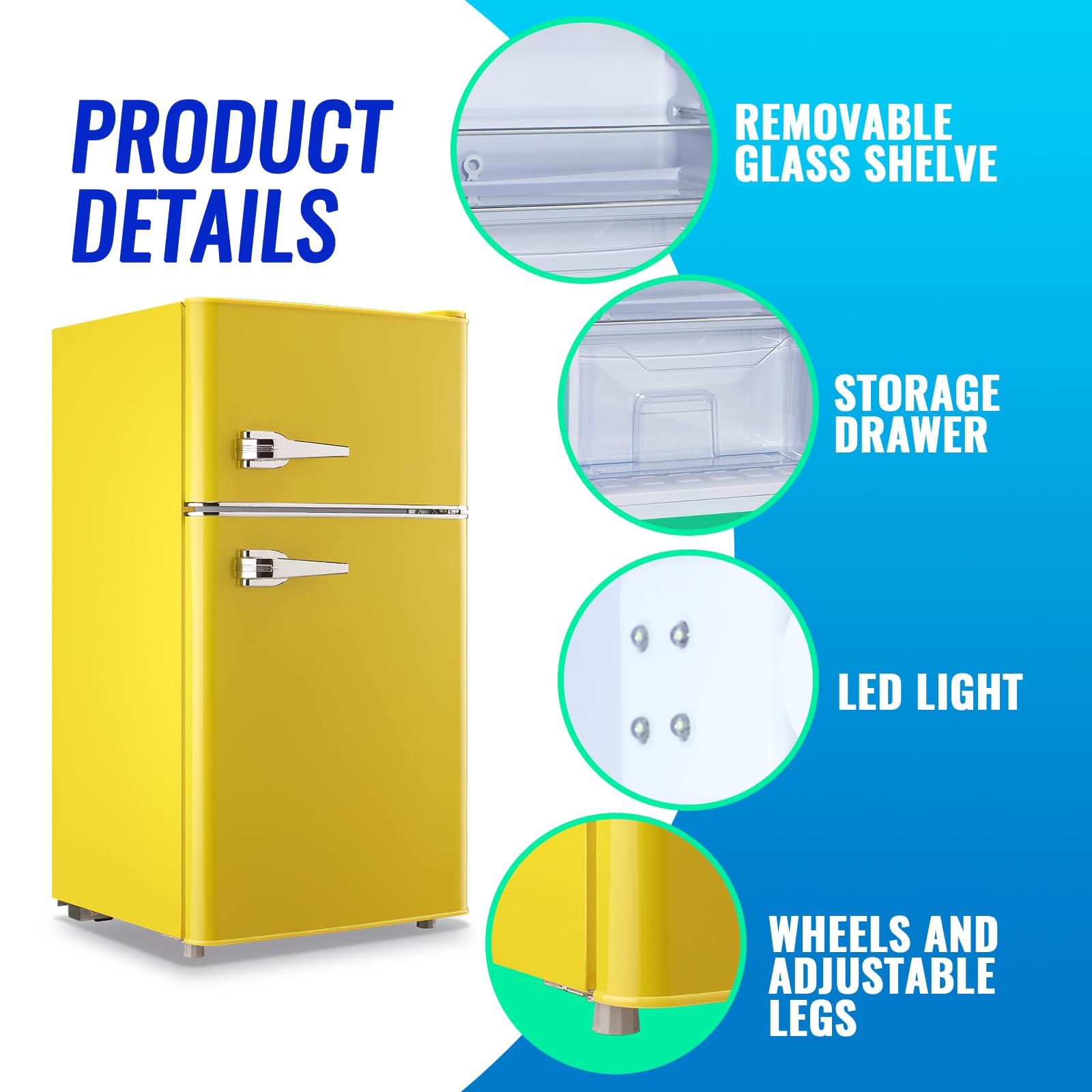 Tacool 3.5 Cu.Ft Fridge Dorm Fridge Refrigerator With Adjustable Glass Shelves, 7 Level Temperature Control Suit For Bedroom, Office, Apartment Yellow on Fridge.com - View 6
