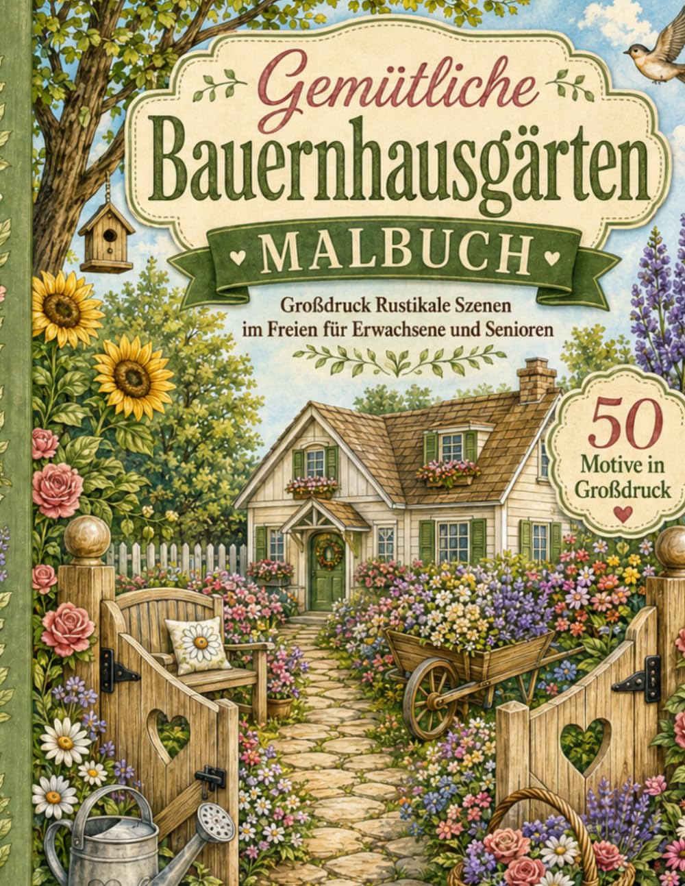 Gemütliche Bauernhausgärten Malbuch: Großdruck Rustikale Szenen im Freien für Erwachsene und Senioren mit Cottages, Blumen, Gartenwegen, Vögeln und ländlichen Landschaften