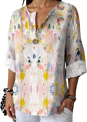 Womens Botanical Print V Neck Blouse Loose Fit Fall Top 3/4 Sleeve Casual Tunic Shirt for Vacation Daily Wear