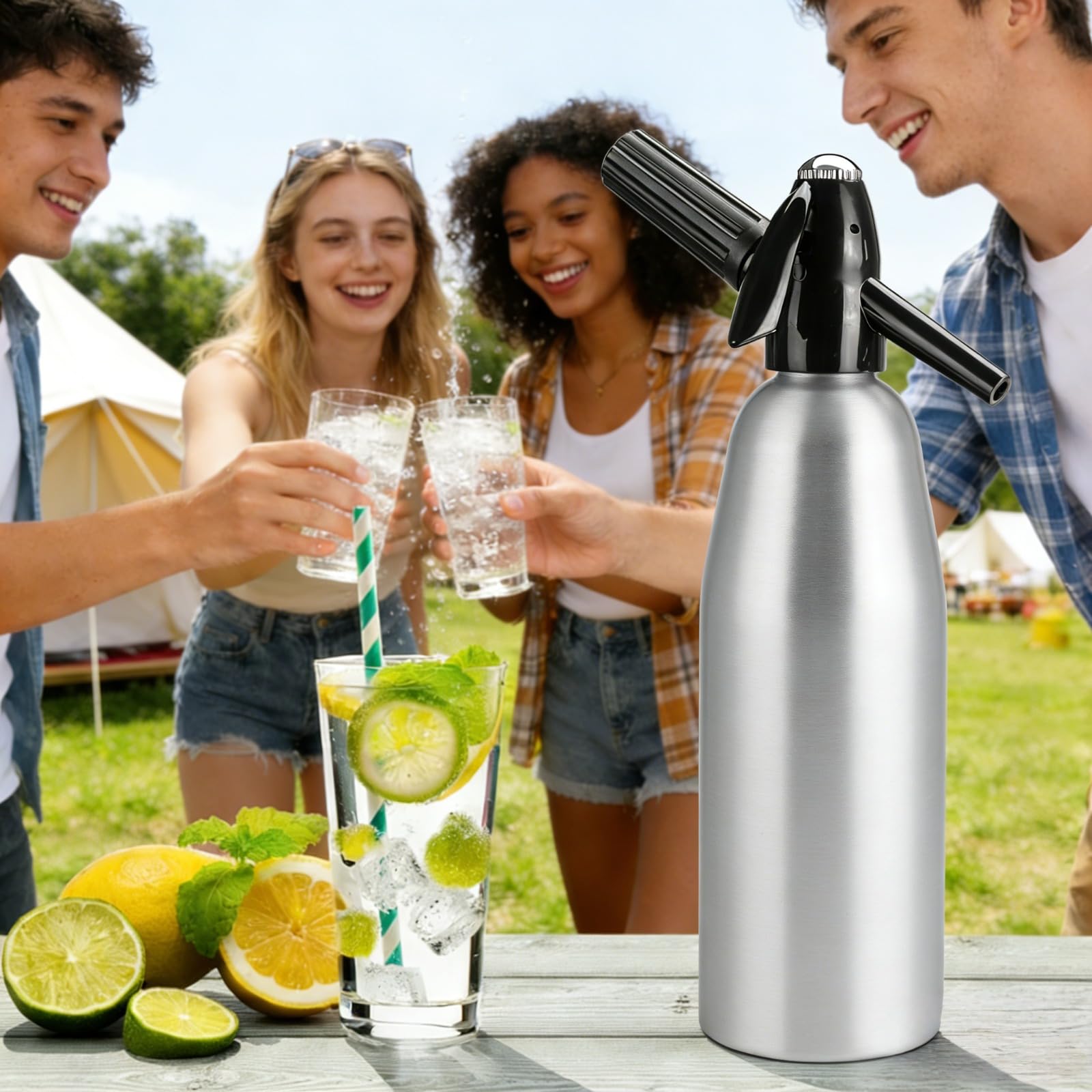 Sifón portátil de refresco de aluminio para el hogar, 1 litro, para hacer agua carbonatada, kit nostálgico de agua con gas para refrescar seltzer, cócteles, jugos y bebidas gaseosas (plata)