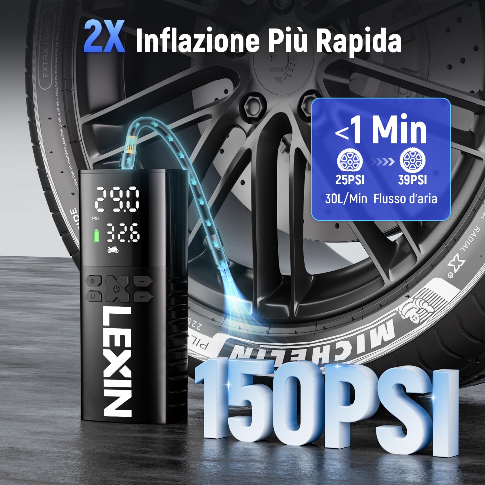 LEXIN 4000mAh Compressore Aria Portatile Auto P4, 150PSI Gonfiatore Elettrico, 4 Modalità Mini Electric Compressor Air con Schermo LCD & Luce LED, Pompa Elettrica per Auto/Moto/Monopattino/Palloni