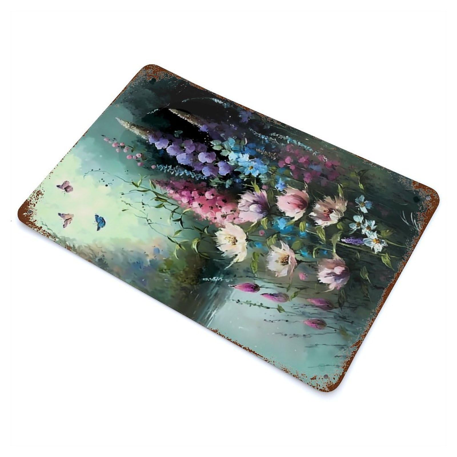 Garage Style Flowers Art Monet Style Rustic Tin Plaque 11.8"x7.9", Classic Wall Plaque for Bar And Workshop