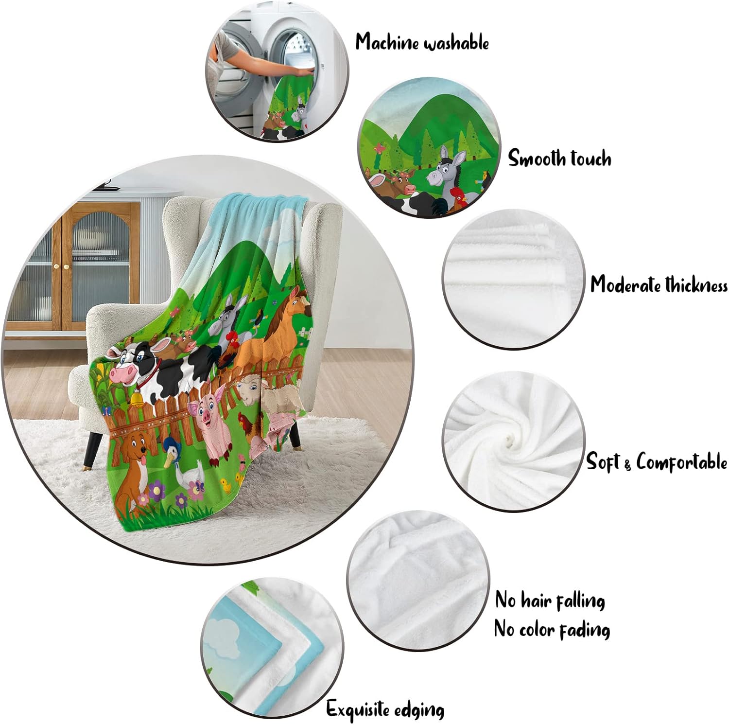 Farm Animal Throw Blanket Cute Farm Animal Blanket for Kids Soft Cozy Flannel Farm Dog Pig Lamb Hen Horse Cow Blankets Fluffy Fleece Cartoon Animal Blanket for Toddler Child Girl Boy Gifts 40x50 Inch - Image 3