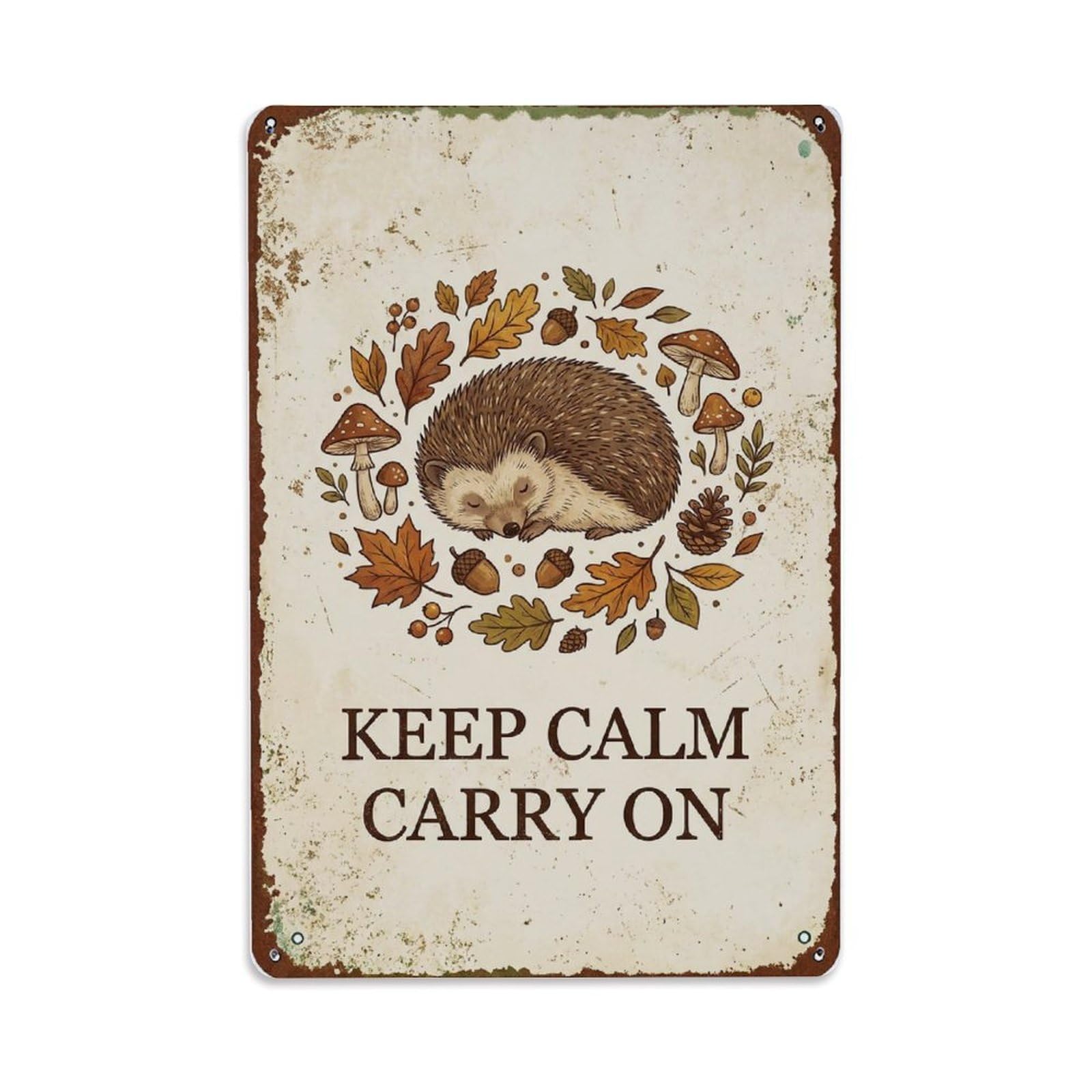Fqnyr Style Keep Calm Carry On Hedgehog Metal Tin Sign Plaque Wall Decor For Cafe, Club Bar, Office, Home Garden Metal Poster 8X12inch
