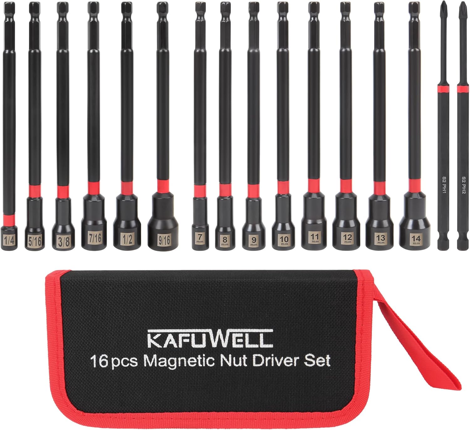16PCS Magnetic Nut Driver Set, 1/4" Impact Drill Driver Bit Set, Metric & SAE Nut Drivers, Long Shank Nut Driver Bits, 1/4"Hex Shank, with Storage Bag