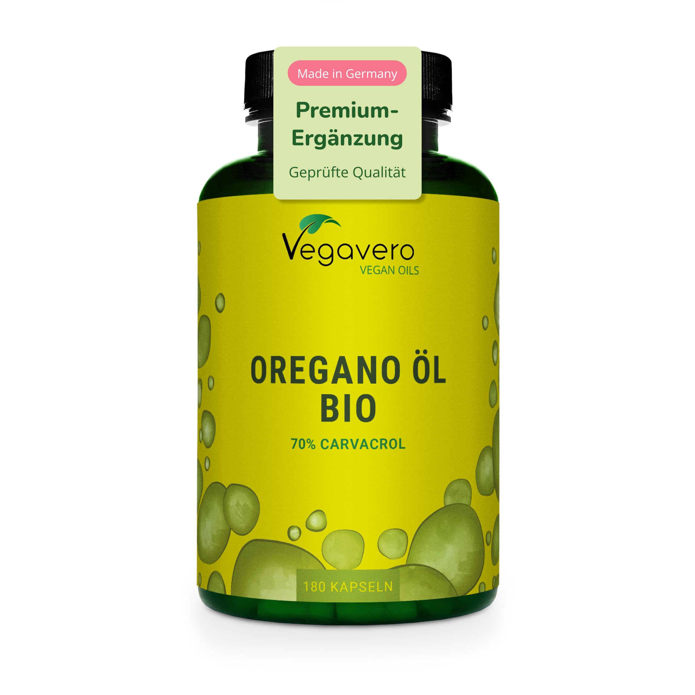 Vegavero Oregano Öl Kapseln Bio 180 Stück - 129 mg Oreganoöl mit 70% Carvacrol & 2,75% Thymol - vegane Kapseln ohne Zusatzstoffe