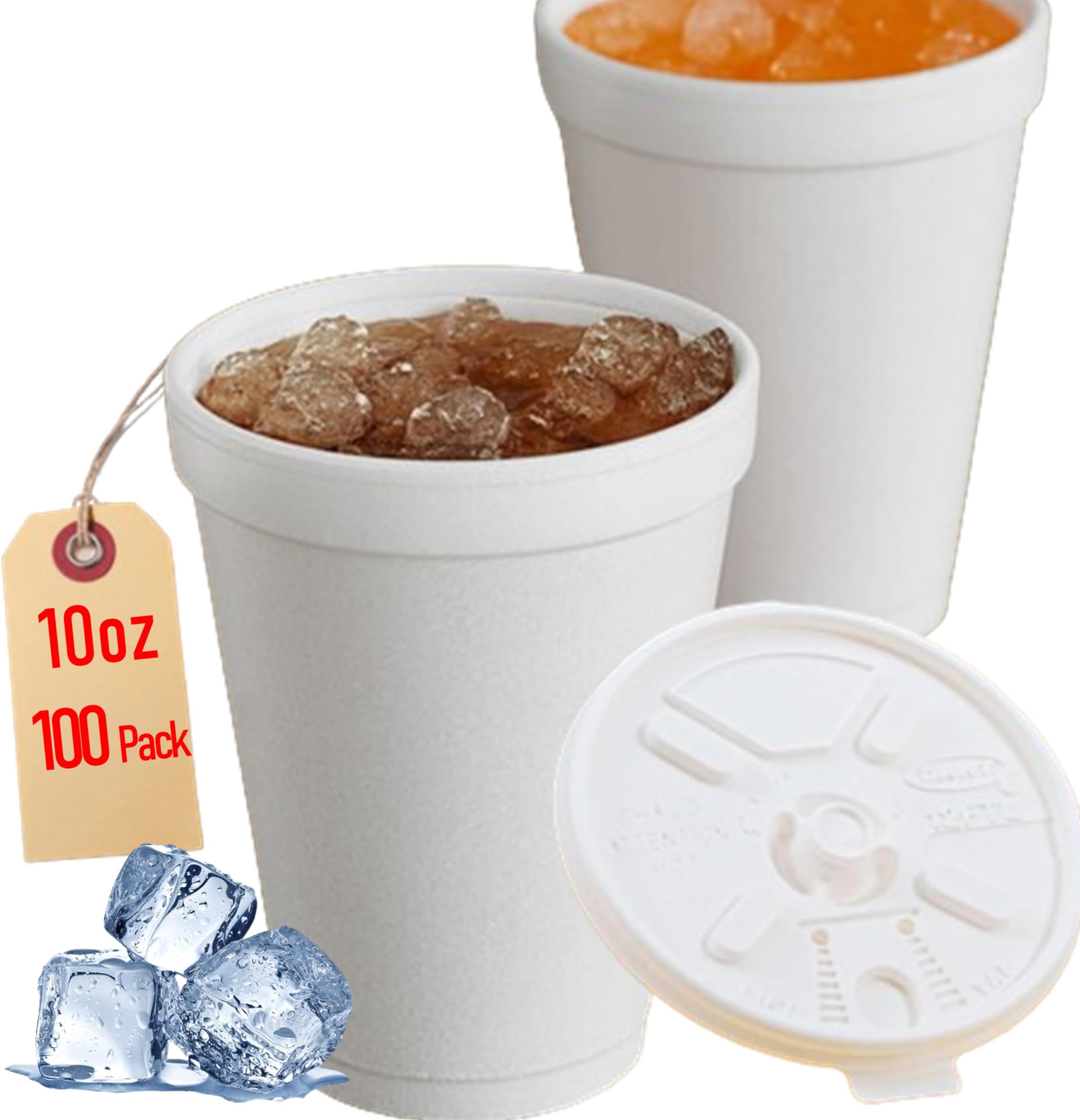 10OZ Foam Cups With Lids for Hot & Cold Drinks, USA-Made 100-Pack - Ideal Styrofoam Coffee Cups, Insulating To-Go Cups for Soda, Tea, Juice - Sturdy, Disposable & comparable to Industry standard 10J10