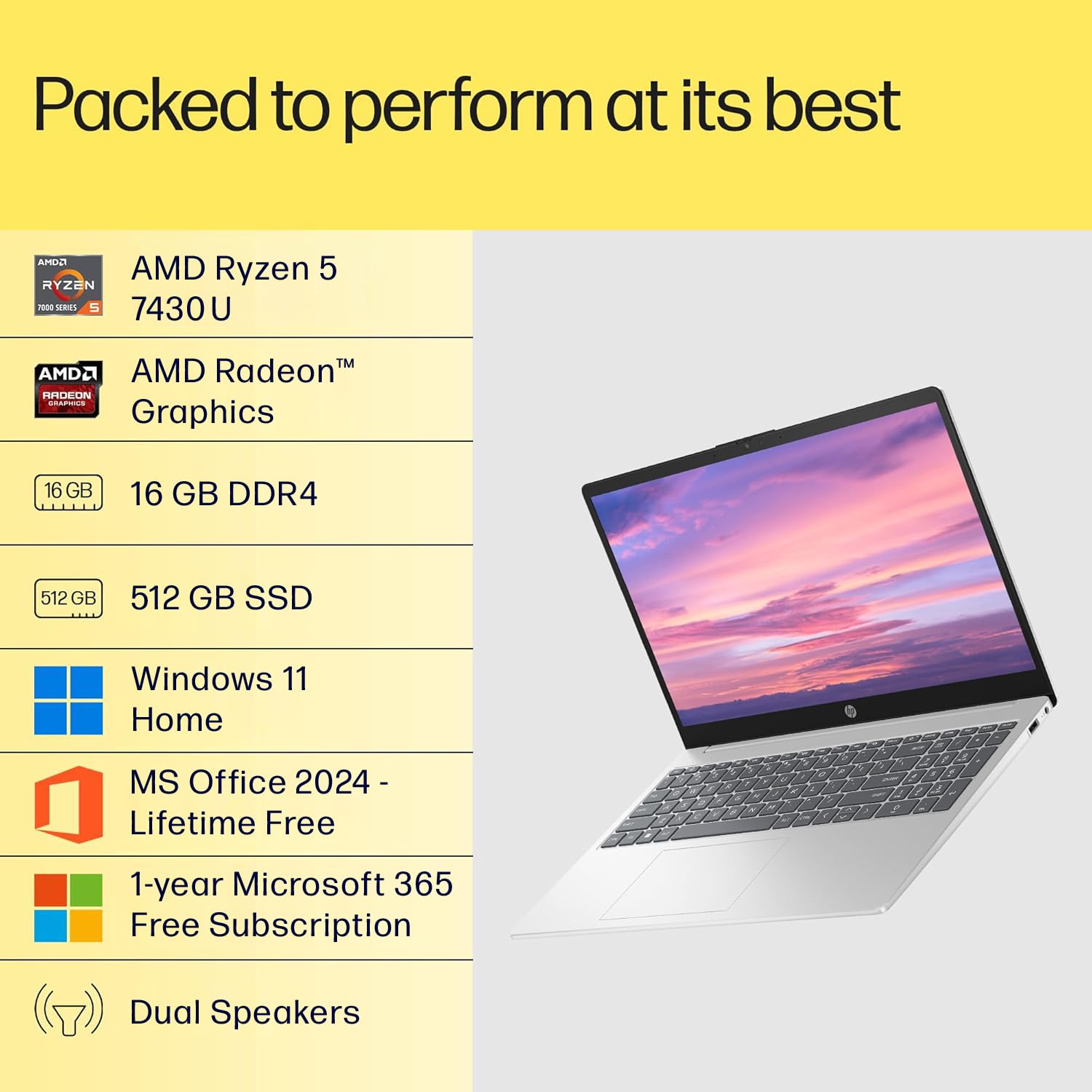 HP 15, AMD Ryzen 5 7430U (16GB DDR4, 512GB SSD) FHD, Anti-Glare