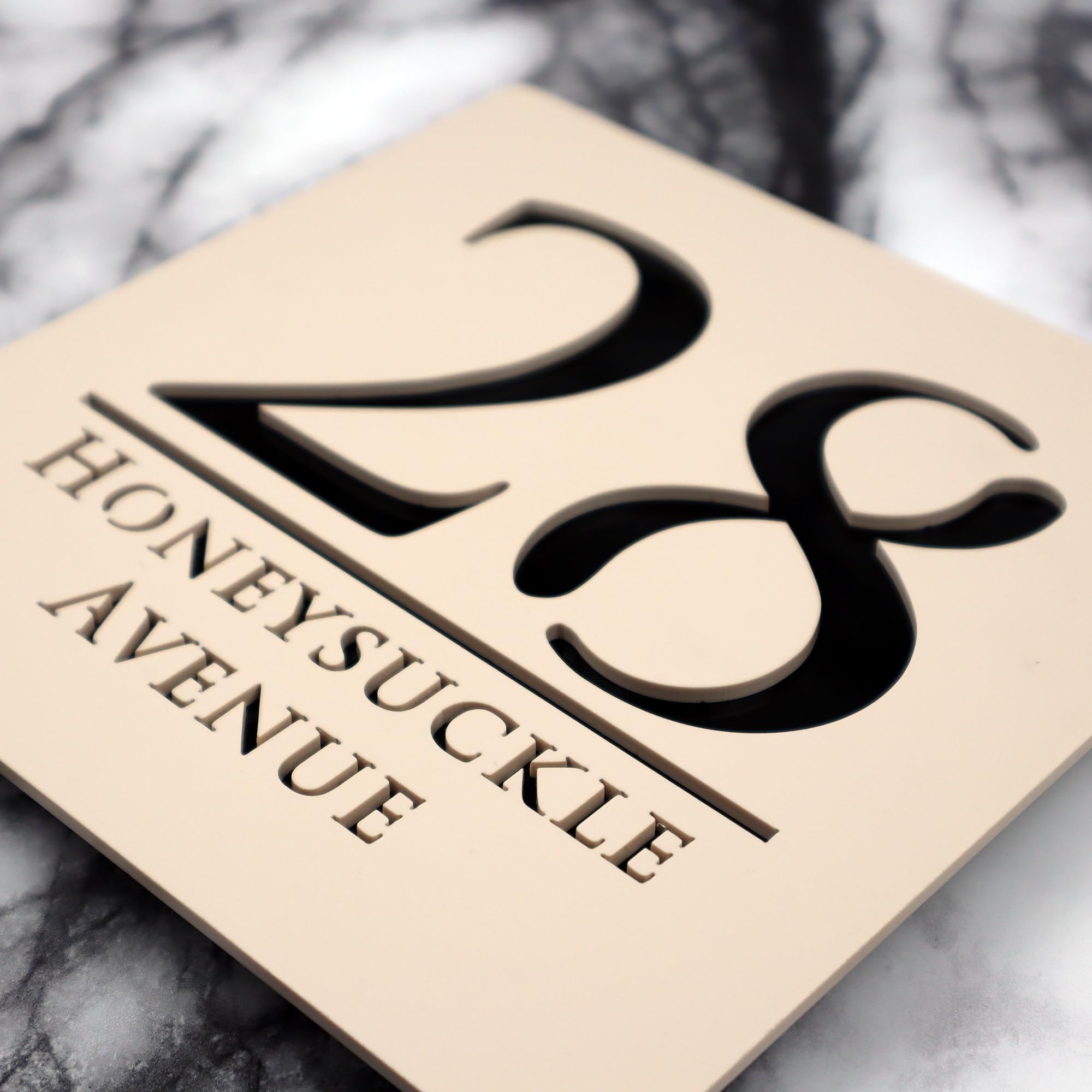 K SMART SIGN | Bellissima S1 Khaki Cream | House Numbers Plaques House Numbers Door Laser Signs Number Name Personalised Plaques Laser Cut acrylic Mirrored Marble (Matt Khaki Cream & Gloss Black)