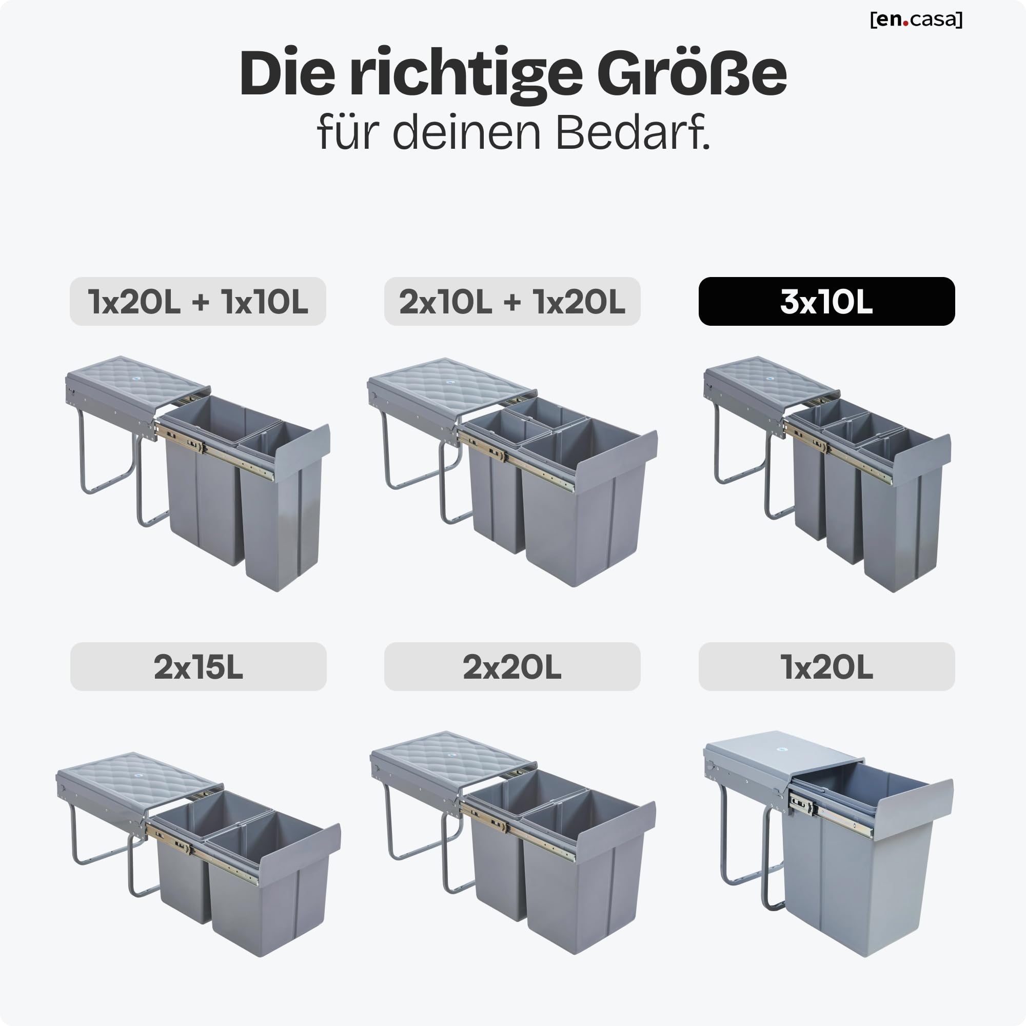 en.casa] Einbaumülleimer Froland Mülleimer 3 Fächer Mülltrennsystem ausziehbar Abfalleimer Küche 3x10L herausnehmbare Behälter 48 x 26 x 42 cm Küchenmülleimer Grau Küche, Haushalt & Wohnen