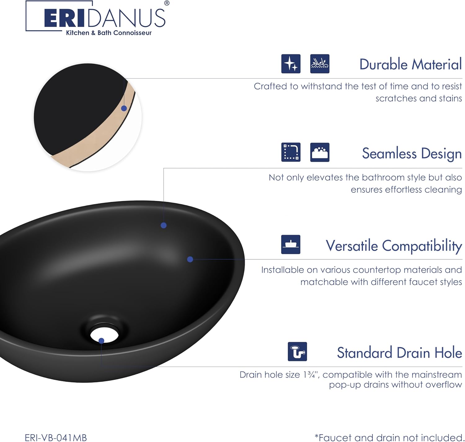 Bathroom Vessel Sink, Eridanus 16" x 13" Black Vessel Sink Oval Bathroom Sink Porcelain Ceramic Vessel Sinks for Bathroom Egg Shape Vanity Sink Above Counter Art Basin, Matte Black
