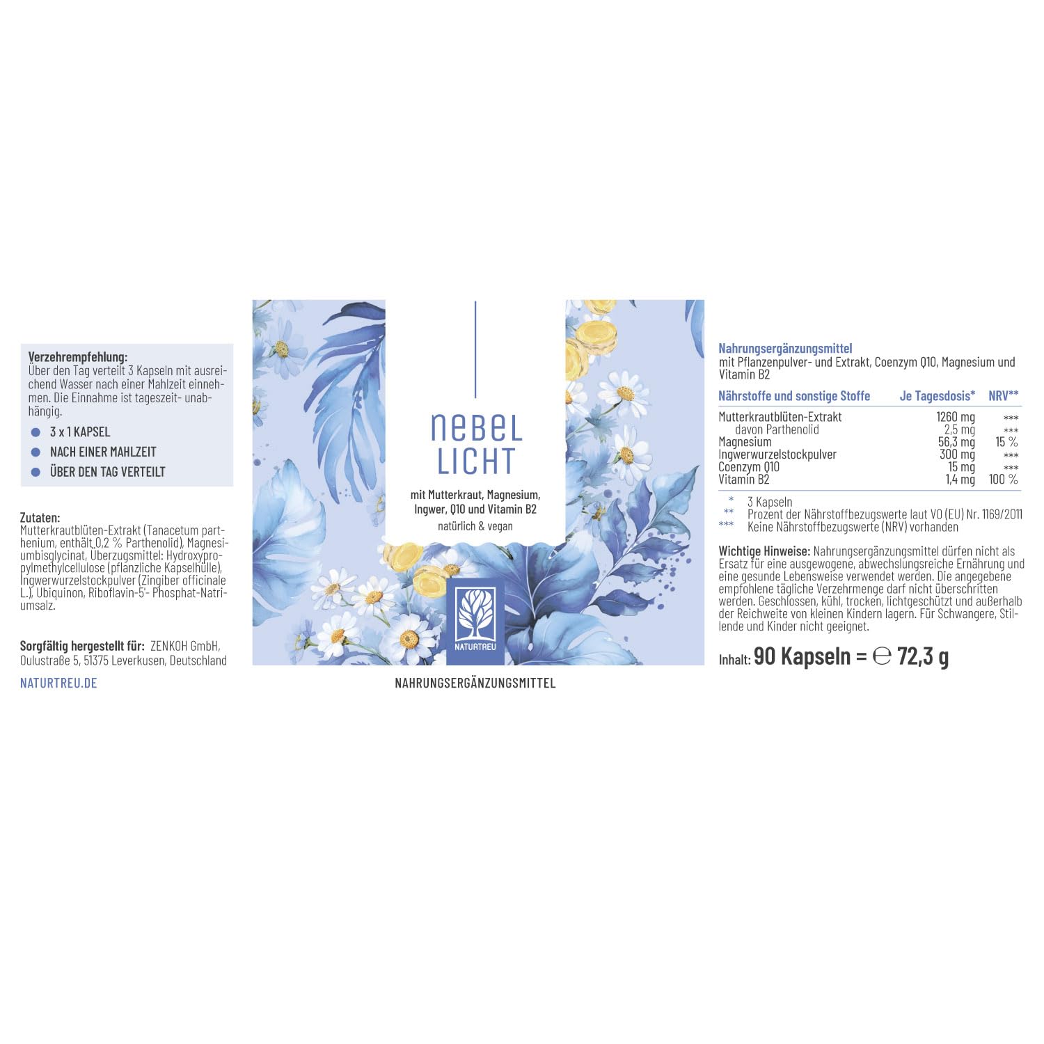 NATURTREU® Nebellicht - Mutterkraut Komplex hochdosiert 1260 mg pro Tag - Komplex mit Ingwer, Magnesium, Coenzym Q10 & Vitamin B2 - natürlich und vegan
