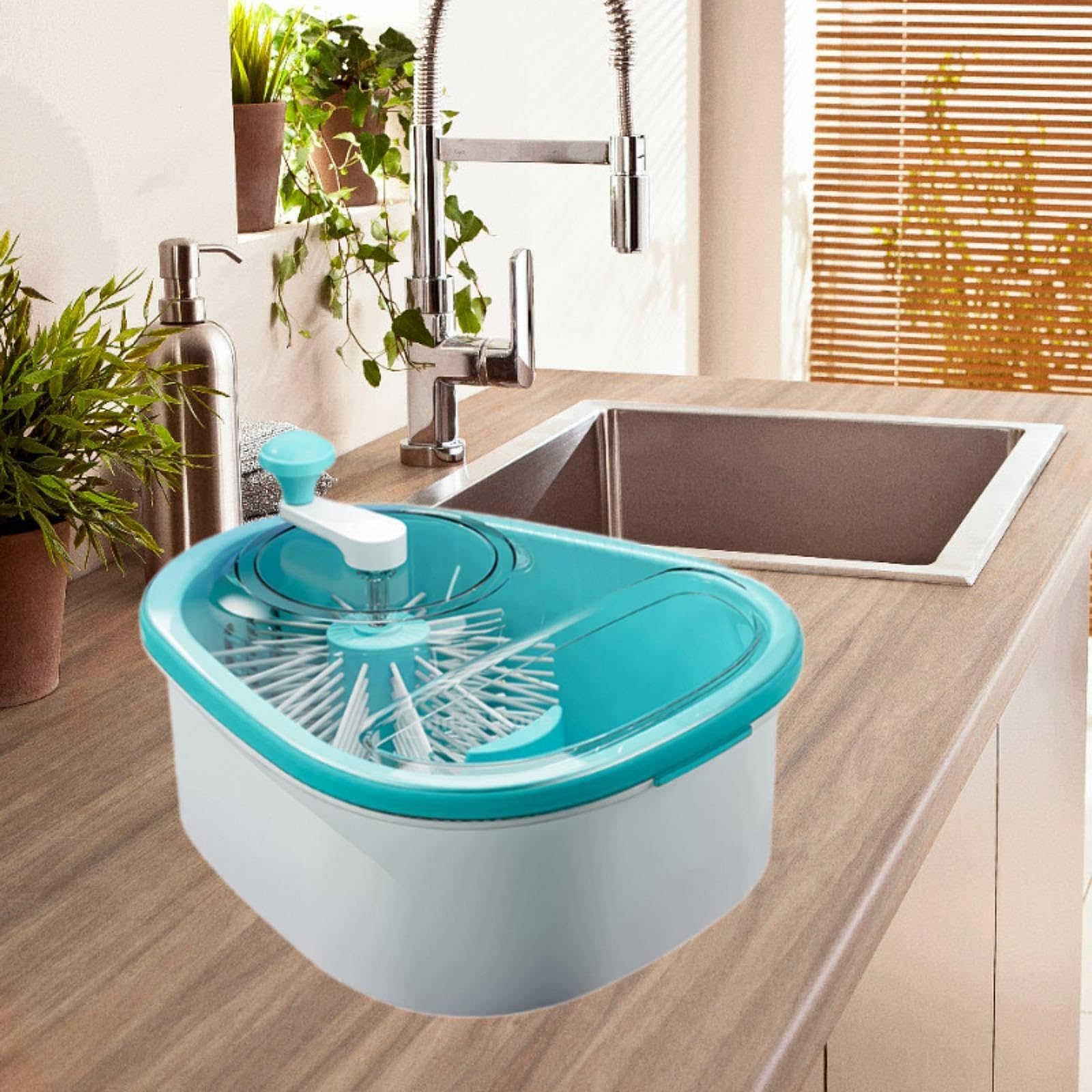 LOVIVER Waschkorb Frucht Waschmaschine Scrubber, Küchengeräte, groß, ohne nasse Hände, Kurbel Design Fruchtkolander multifunktional, Blau