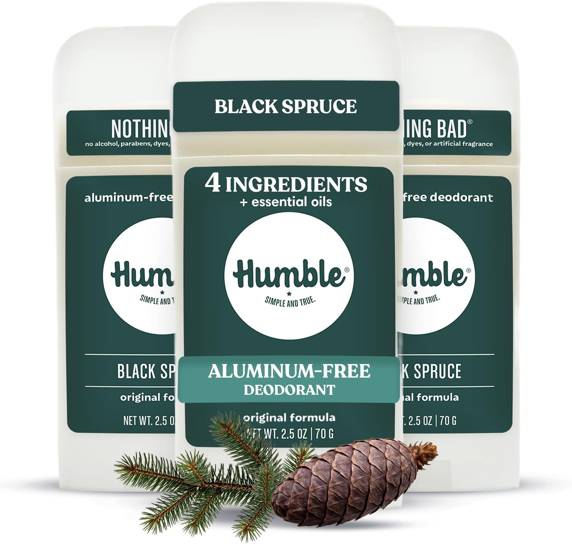Humble Aluminum-Free Deodorant for Women & Men, Black Spruce - Clean & Fresh Natural Deodorant Stick with Essential Oils for Long-Lasting Odor Control - 3 Pack