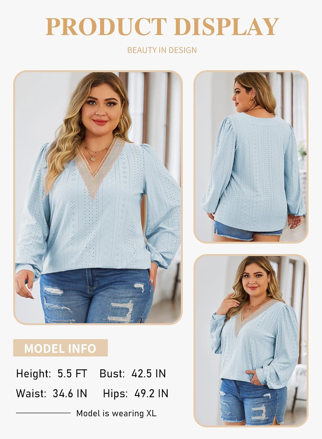 Eytino Womens Plus Size Tops Lantern Long Sleeve Lace V Neck Dressy Casual Blouse Loose Tunic Shirts(1X-5X) - Image 3