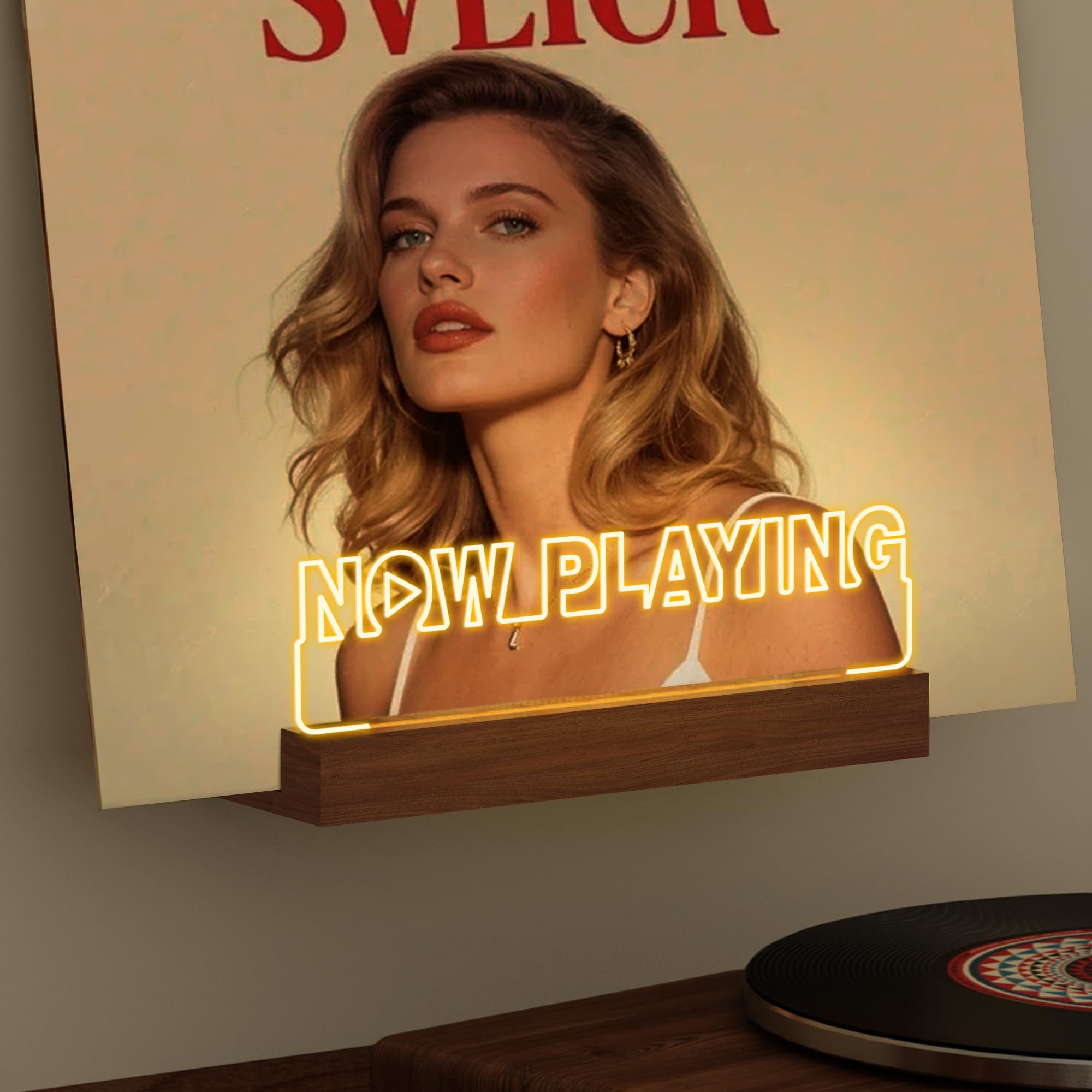 OkiyiD Now Playing Vinyl Record Stand, Light Up Record Holder Stand Display Decor, LED Wooden Base with Soft Warm White Lights,Vinyl Album Storage Gifts for Music Lovers Room Decor