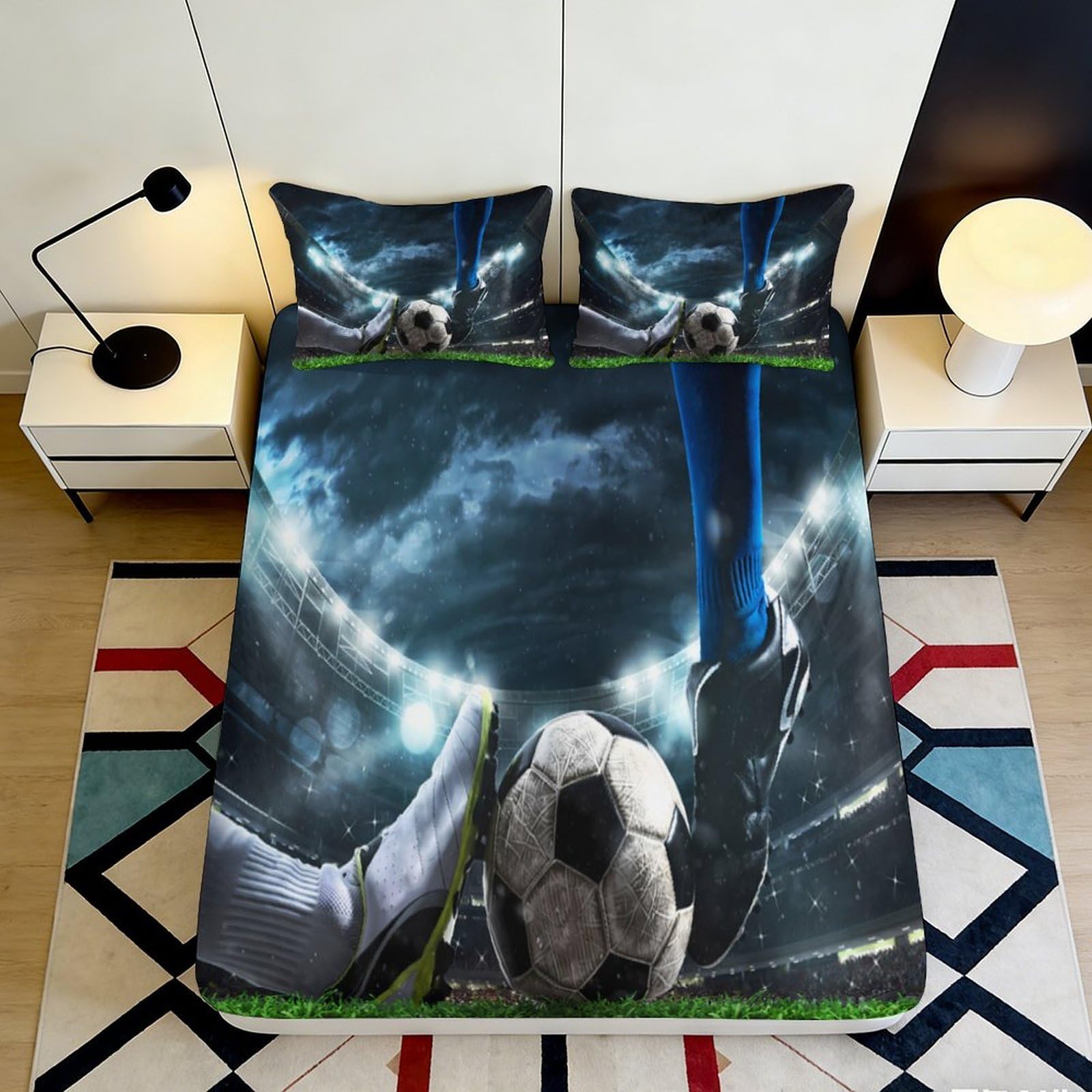 3D Printed Football Stadium Fitted Sheet Microfiber Soft Breathable Soccer Night Mattress Cover for Bedroom Dorm Mattress Protection Decor 140x200x25cm