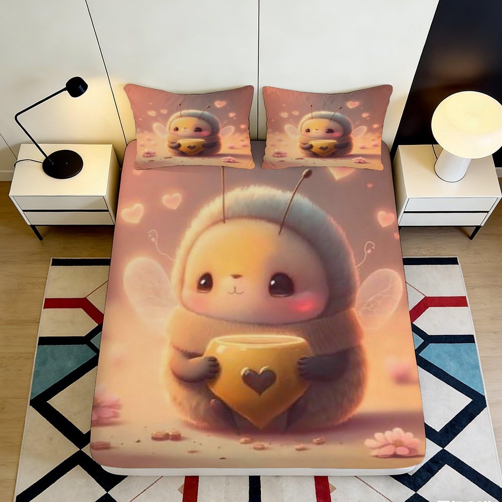 3D Printed Cute Bee Fitted Sheet Microfiber Soft Cartoon Honey Bed Cover for Bedroom Guest Room Decor 90x200x25cm