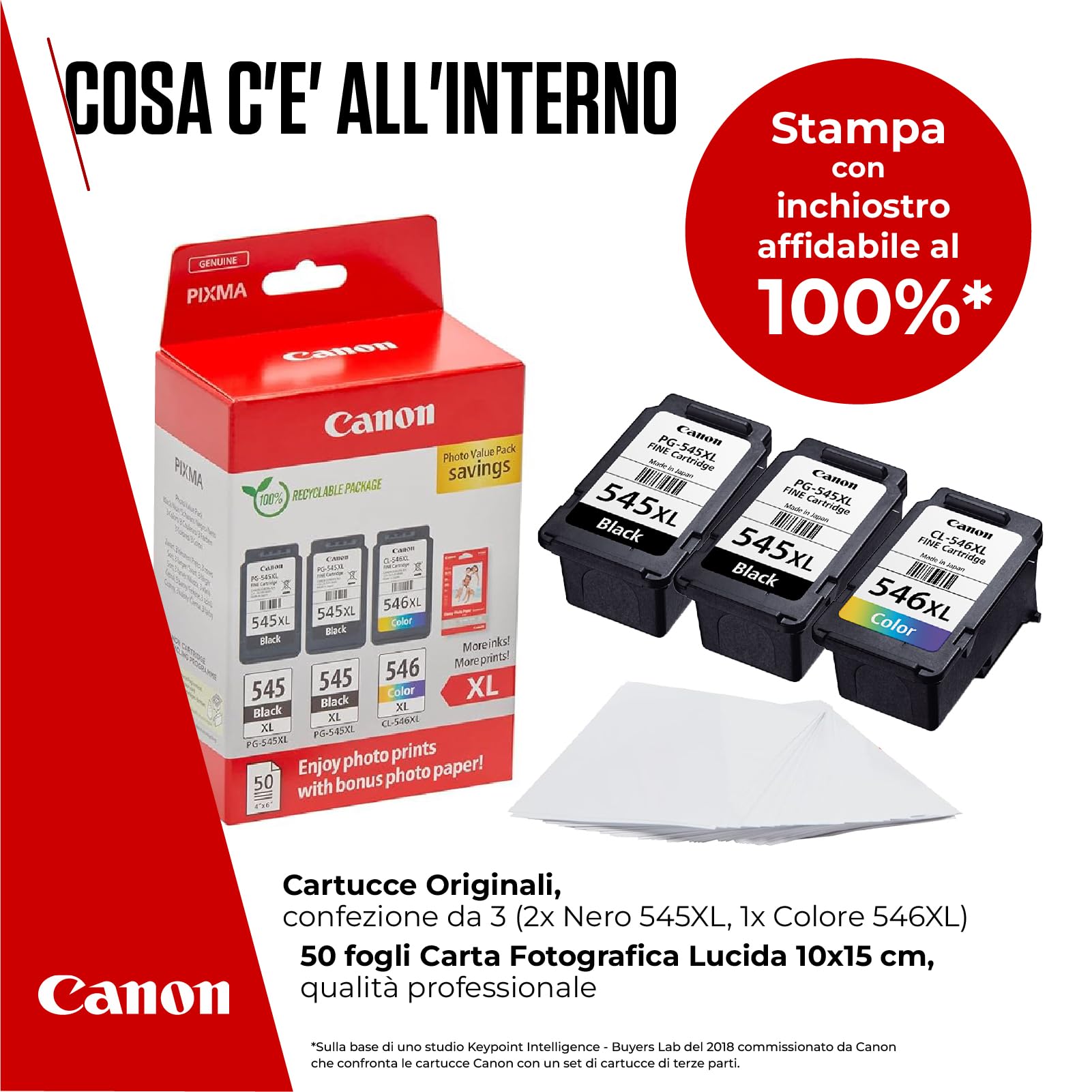 Canon Multipack Cartuccia & Carta - 3 Cartucce per Stampante Originali ad Alta Capacità PG-545XL/CL-546XL (2 x Nero, 1 x Colori) & 4x6 Carta Fotografica (50 x Fogli)