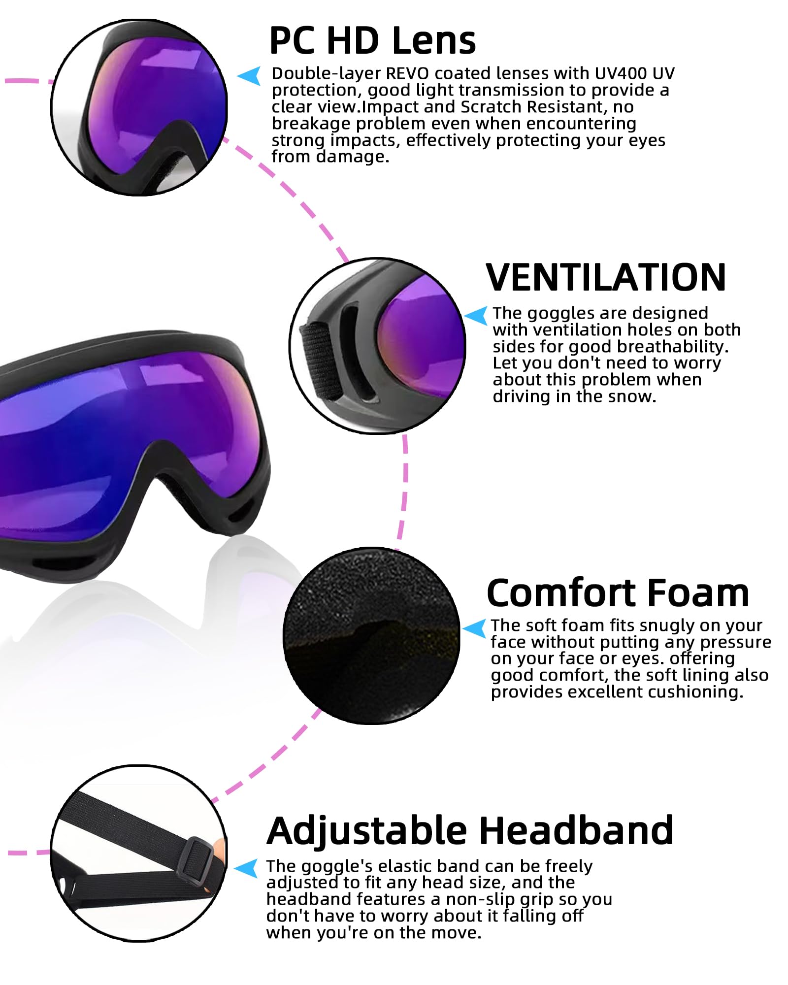 3 pares de gafas de esquí con protección UV para motocicleta, con 3 polainas para el cuello, para montar a caballo contra el polvo y al viento