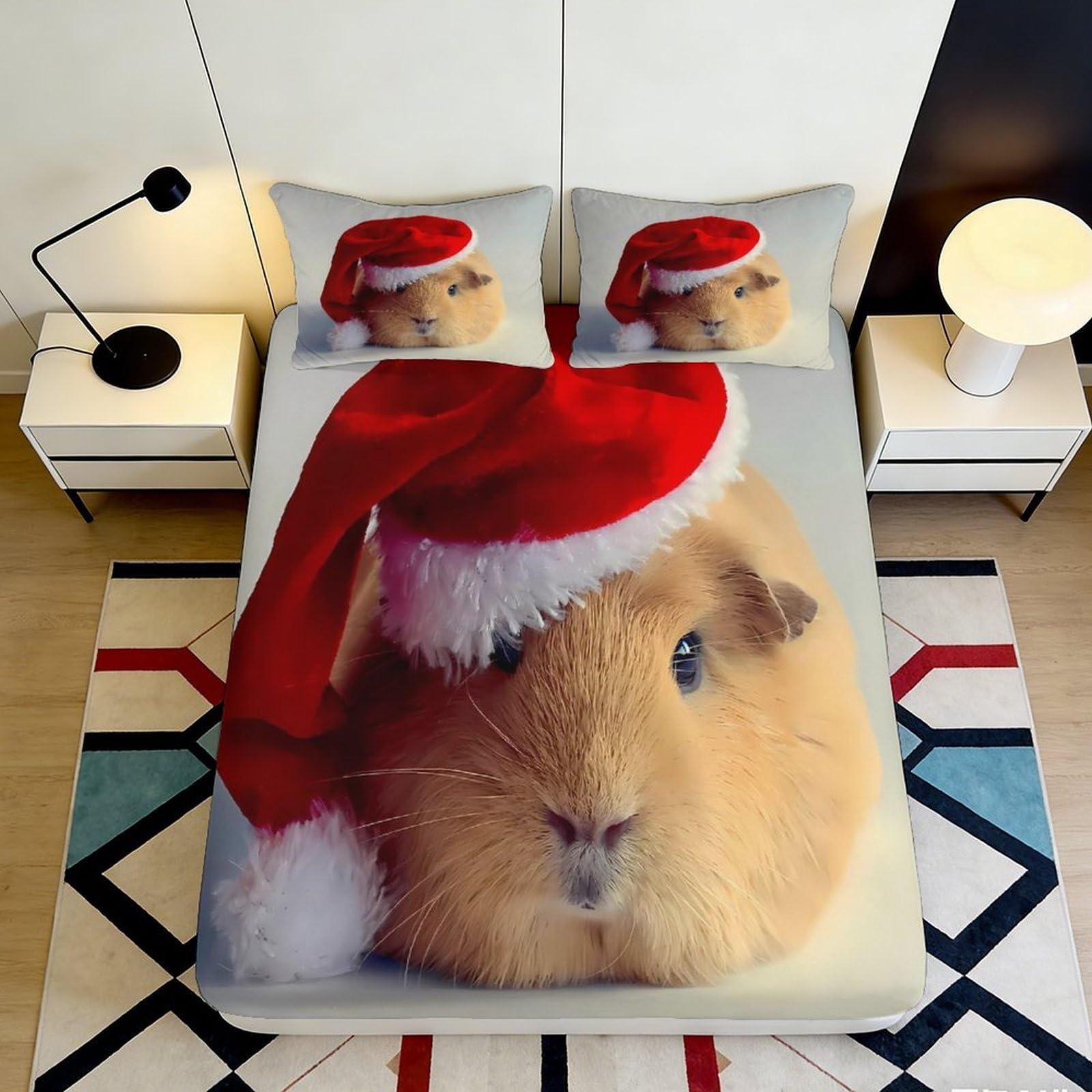 3D Printed Christmas Guinea Pig Fitted Sheet Microfiber Soft Breathable Santa Hat Mattress Cover for Bedroom Guest Room Decor 140x200x25cm