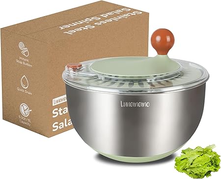 Lunememo Stainless Steel Salad Spinner, Lettuce Spinner with Drain, Non-Slip