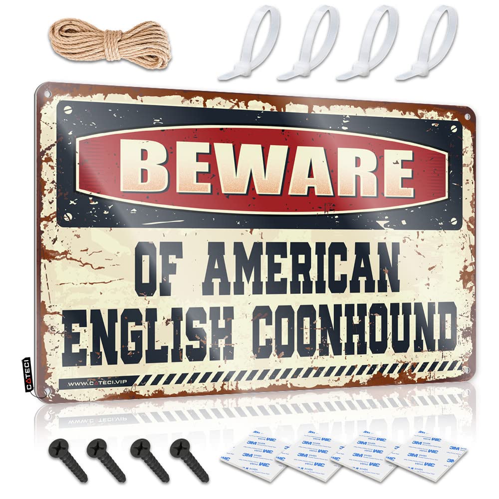 HELIOFORGE Bedroom Door Decorations Beware Of American English Coonhound Tin Sign Bedroom Door Sign Gaming Metal Tin Decor(30X40CM)
