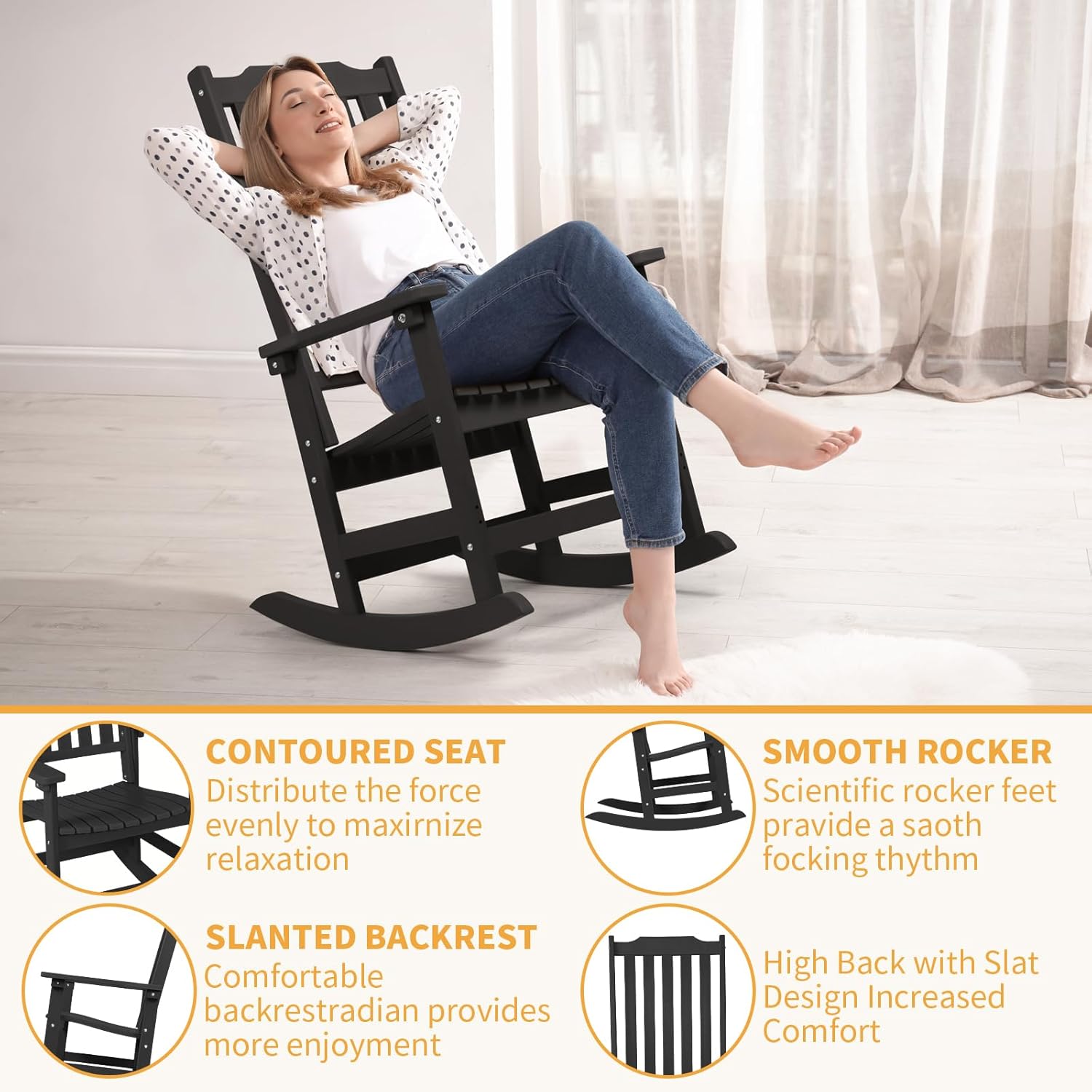Outdoor Rocking Chair, Oversized All Weather High Back Porch Rocker, Patio Rockers for Outside