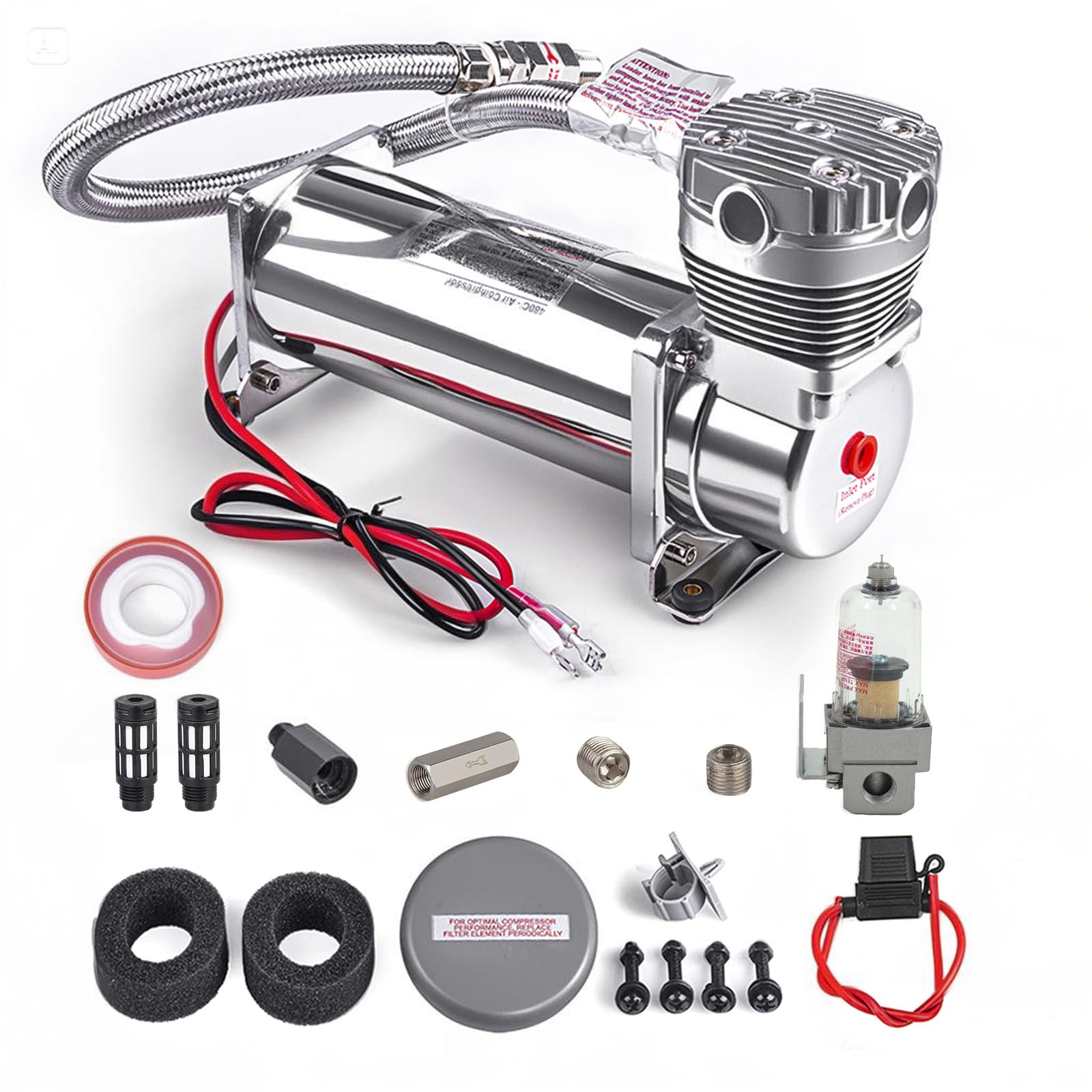 CNWZYMX 3/8NPT Heavy Duty 200 PSI Air horn Compressor kit with 1/4NPT Converter head and Oil water separator, Fittings for 12V Cars/Train/Truck,Air Suspension horn Compressor SILVER