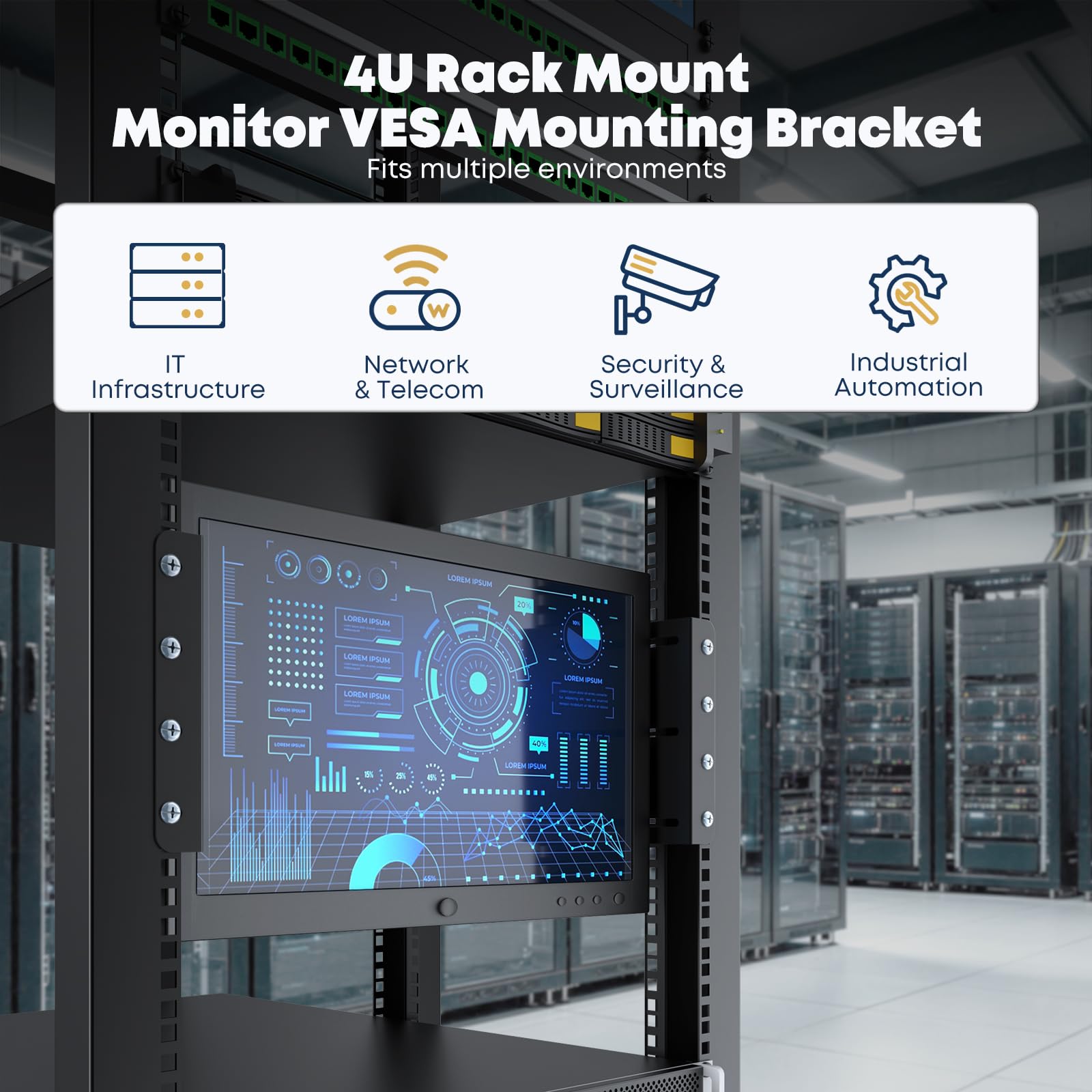 SPSVR-M01 Support de moniteur VESA 4U – Convient aux armoires serveurs de 19 pouces, support d'écran LCD VESA universel pour écran LCD 75 x 75 et 100 x 100 mm, profondeur réglable en acier, noir