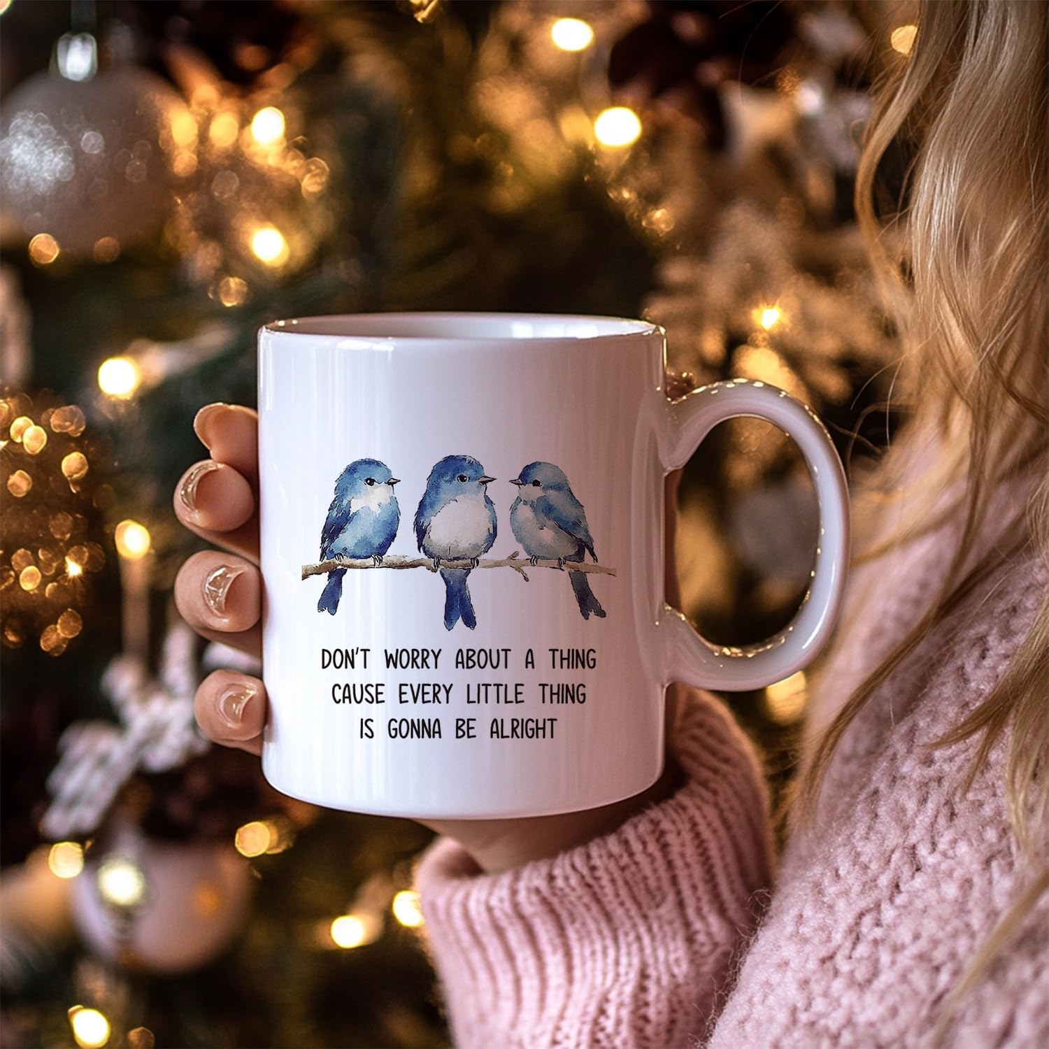 Watercolor Blue Birds Coffee Mugs, Positive Quotes Ceramic Coffee Mug, Every Little Thing Is Gonna Be Alright Coffee Cup, 11oz Ceramic Cup White - Image 4