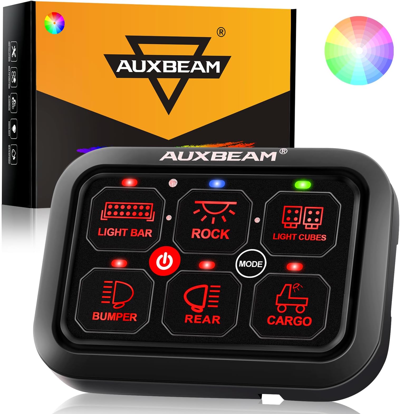 Auxbeam 6 Gang Switch Panel RA60 Toggle Momentary Pulsed RGB Dimmable Switch Panel Multifunction Switch Panel Built in Solid State Relay Marine Control Panel Waterproof for Car Boat, 3 Years Warranty