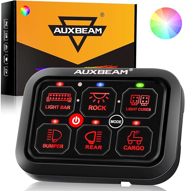 Auxbeam 6 Gang Switch Panel RA60 Toggle Momentary Pulsed RGB Dimmable Switch Panel Multifunction Switch Panel Built in Solid State Relay Marine Control Panel Waterproof for Car Boat, 2 Years Warranty