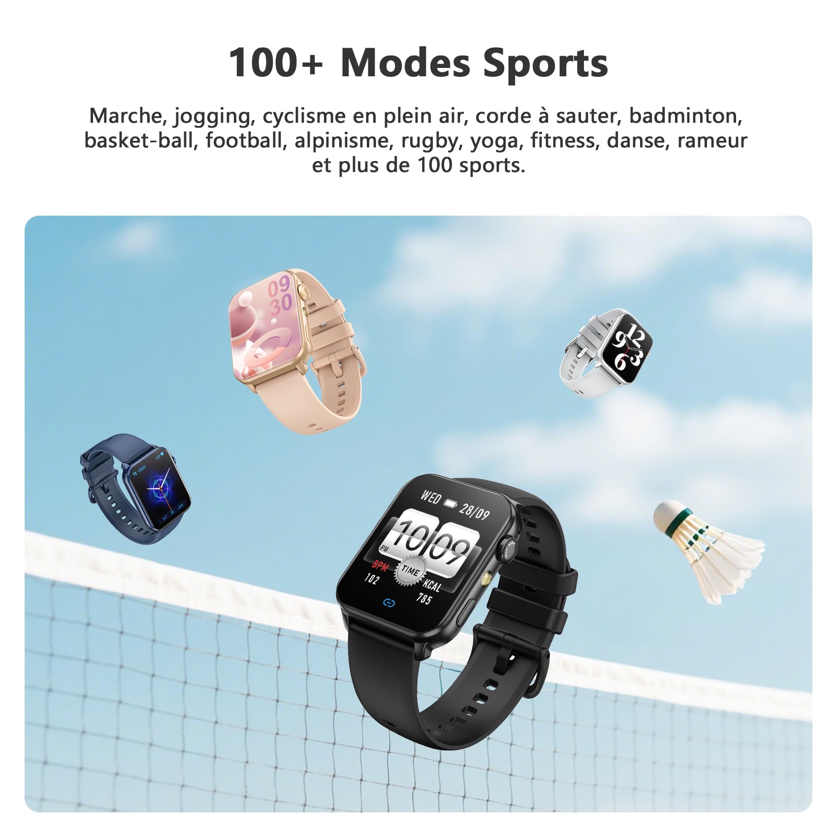 Blackview Montre Connectée Femme Homme, Torche Intégrée, Appel Bluetooth Podomètre Cardiofréquencemètre Oxymètre, Étanchéité IP68, Cycle Menstruel, Analyse du Sommeil, pour Android et iOS (Noire)