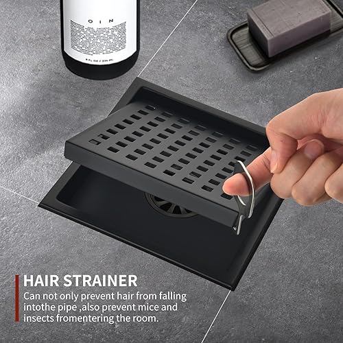 Miniatura 7 de Juego de 2 desagües de ducha cuadrados de 6 pulgadas con rejilla cuadrada extraíble, acero inoxidable 304, incluye filtro de pelo con base de