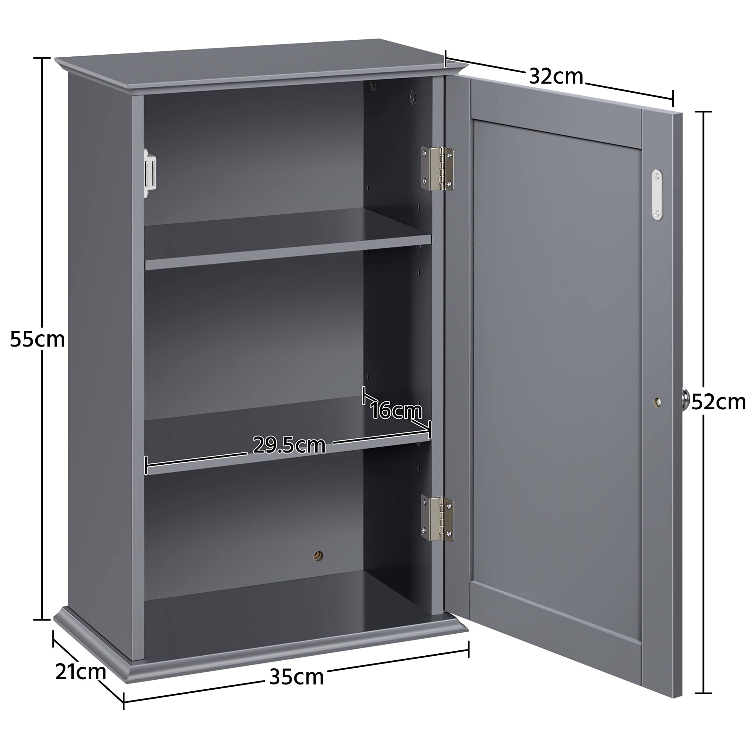 Yaheetech Armoire Murale de Toilette, Meuble de Rangement Suspendu Salle de Bain, 35 x 20,7 x 55 cm, Armoire à Pharmacie, 2 Étagère Réglables, avec Porte, en Bois Blanc WC Cuisine Gris