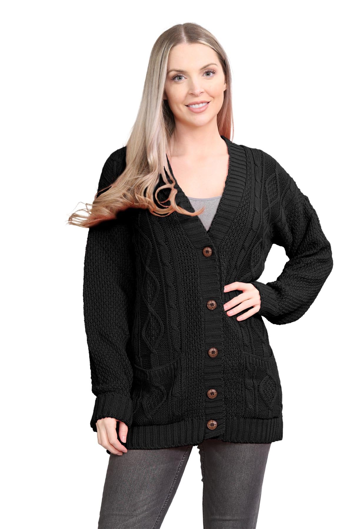 Janisramone Women's Black Janisramone® Long Sleeve Chunky Cardigans For Uk, V Neck Button Up Cable Knit Cardigans, Warm Winter Long Jumpers Top For Casual And Daily Knitwear Cardigan