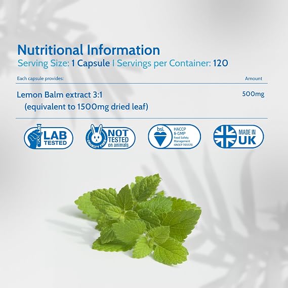 Lemon Balm Extract 1500mg, 120 Capsules, 4 Months Supply, Sleep Support | High Strength Vegan Melissa Supplement, Purest: no additives | Made in UK by Health4All