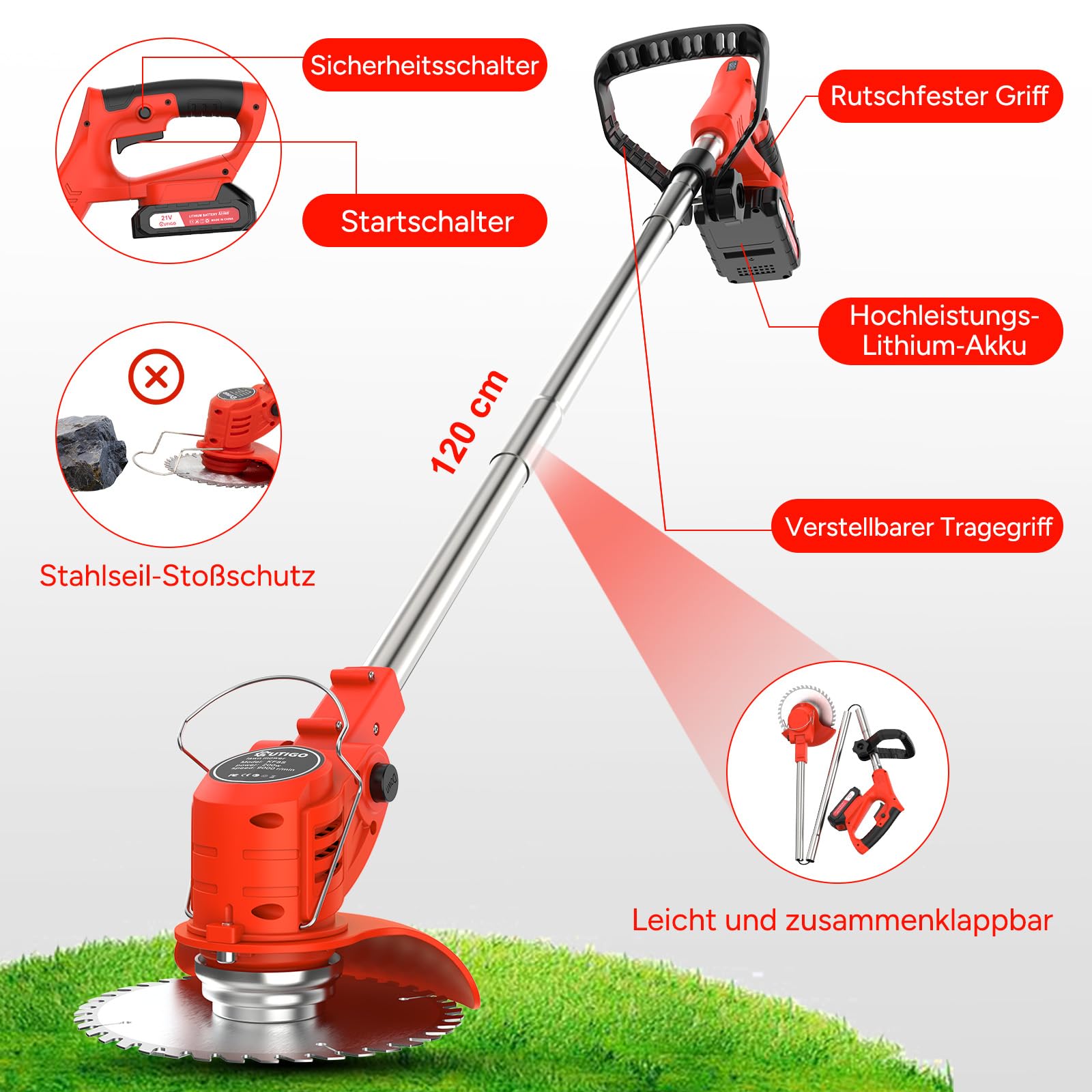 OUTIGO Akku Rasentrimmer mit Akku, Rasenkantenschneider mit 2 Akkus 21V und 4 Messertypen+1 Gartenschere, Verstellbarer Teleskop-Führungsholm Desbrozadoraeléctrico inalámbrico (Rot-FBA)