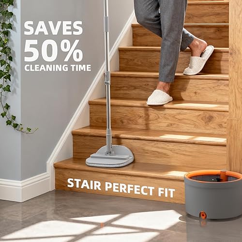 Miniatura 9 de Juego de trapeador y cubeta, trapeador giratorio con sistema de separación de agua sucia con 4 cabezales de repuesto de fregona, sistema de
