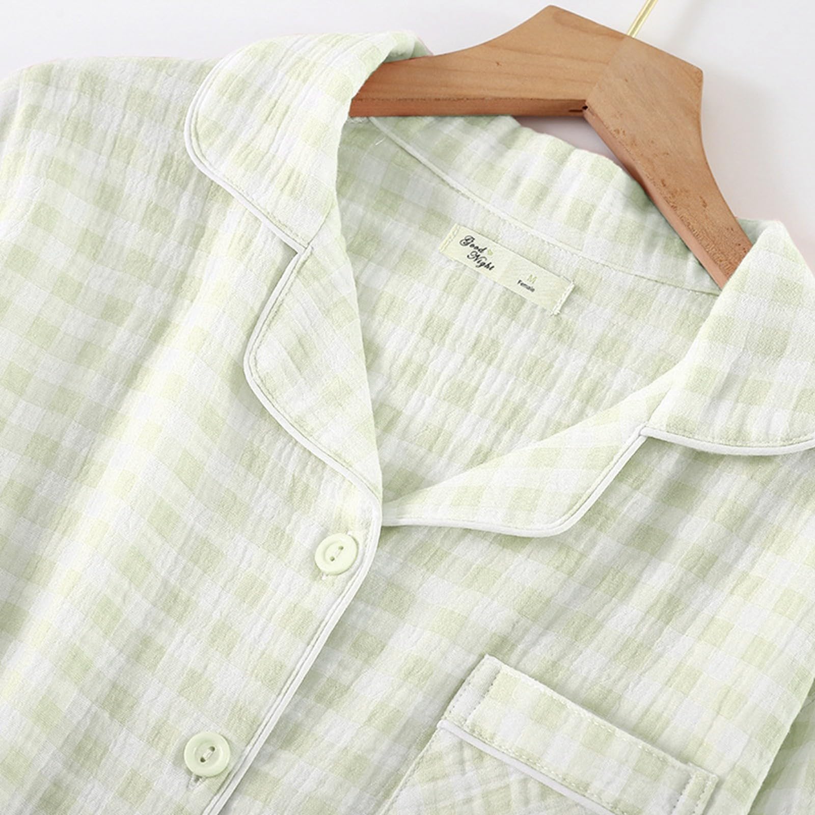 Generisch Pijama largo para mujer, conjunto de pijamas de doble capa, conjunto de pijamas de gingham para mujer, ropa de dormir ligera de verano y ropa de casa, elegante y cómoda ropa de salón