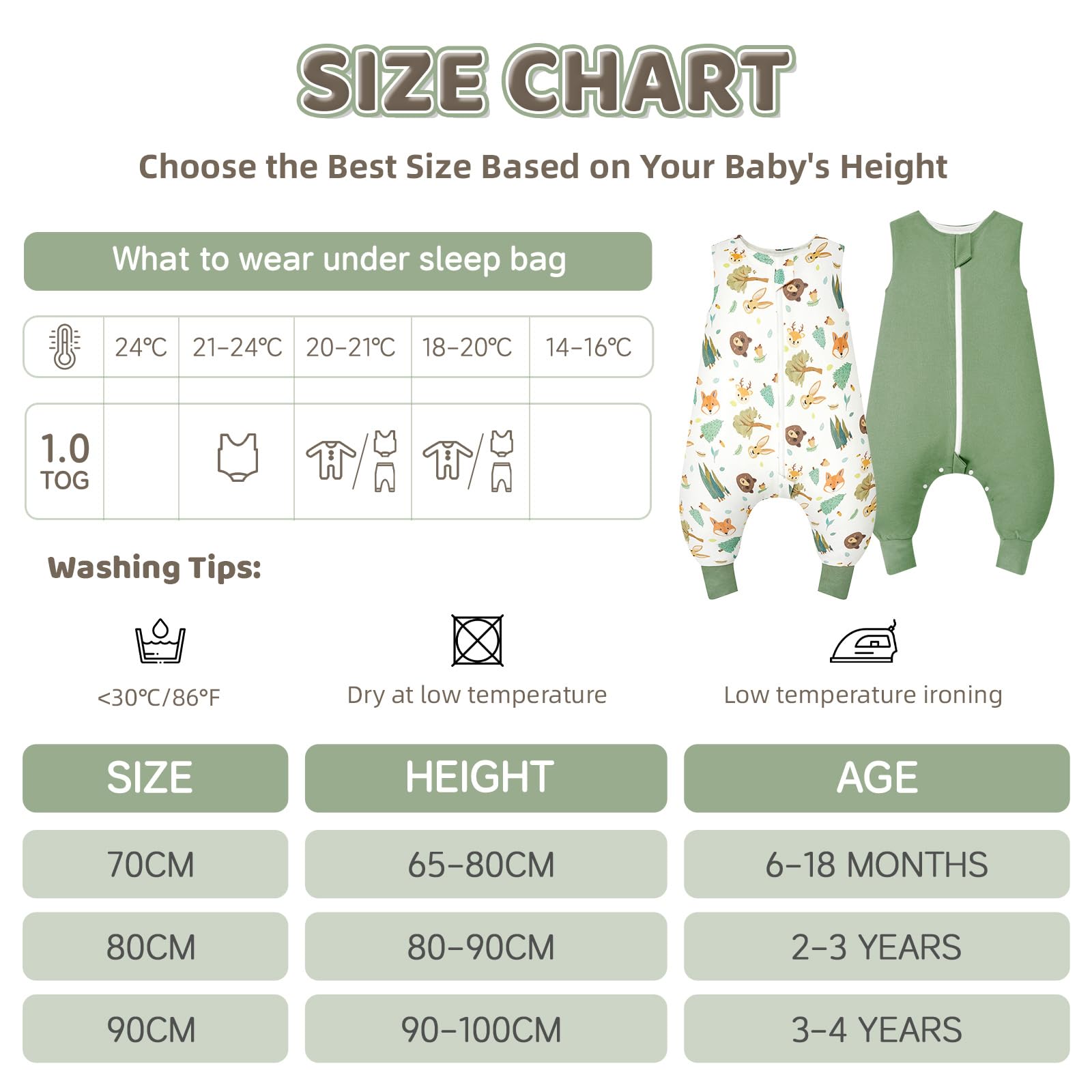 WYTbaby 2 Pack Saco de Dormir con Pies 1.0 Tog 100% Algodón Saco Dormir Bebe para Niños y Niñas, Animal Forestal + Verde Claro